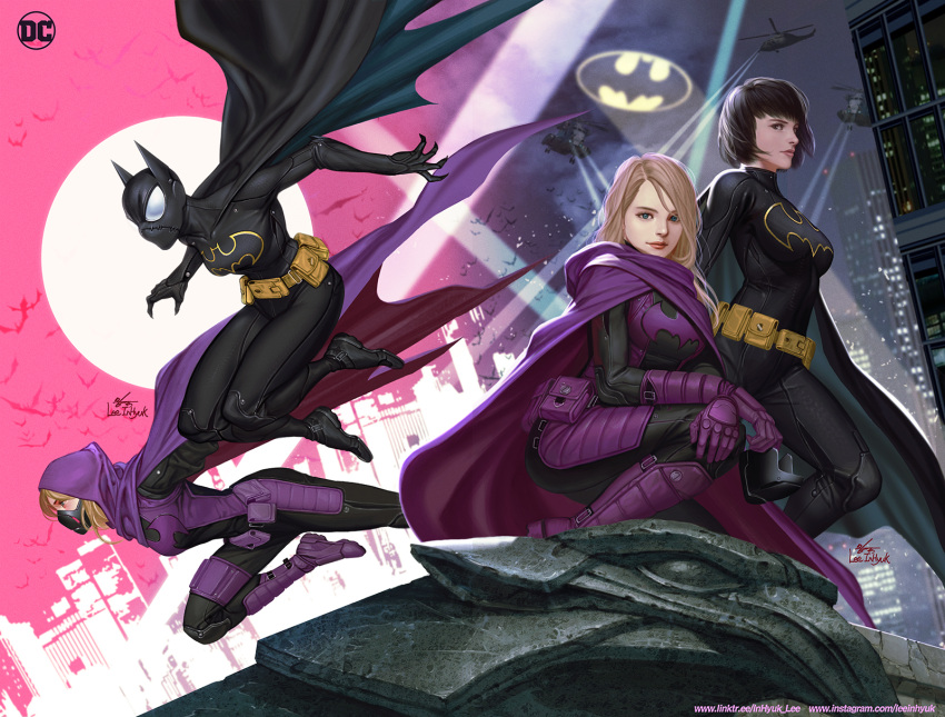 2girls aircraft animal_print artist_name bat_(animal) bat_print batgirl batman_(series) belt black_cape black_hair blonde_hair blue_eyes bodysuit building cape cassandra_cain cityscape commentary dc_comics english_commentary full_moon gargoyle helicopter highres in-hyuk_lee logo moon multiple_girls official_art searchlight skyscraper stephanie_brown