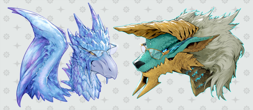 2020 ambiguous_gender blue_eyes capcom dragon dragoooon1223 elder_dragon eyewear fanged_wyvern feral glasses hi_res horn ice looking_at_viewer monster_hunter portrait scalie simple_background velkhana western_dragon wings yellow_eyes zinogre