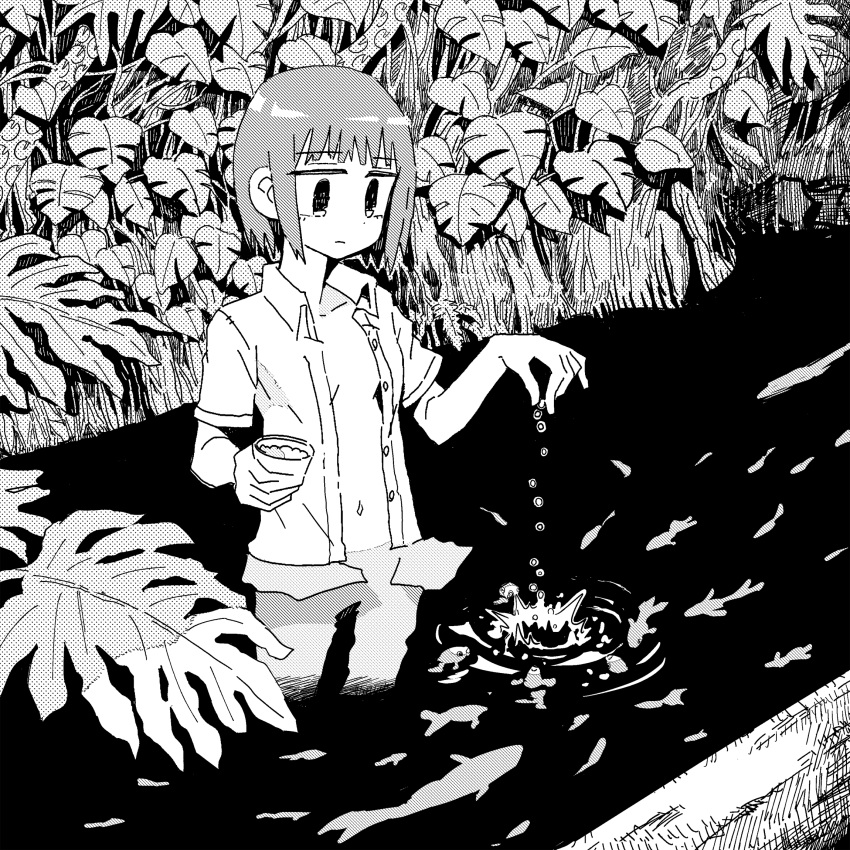 1girl aremoyou breasts closed_mouth commentary_request dress_shirt expressionless feeding fish fish_food foliage food greyscale hands_up highres holding holding_food jitome leaf looking_down monochrome naked_shirt open_clothes open_shirt original outdoors plant ripples river screentones shirt short_hair small_breasts solo splashing wading