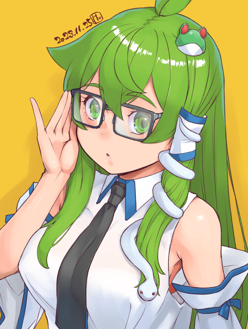 1girl adjusting_eyewear antenna_hair bespectacled black-framed_eyewear black_necktie blue_bow bow breasts collared_shirt commentary_request crossed_bangs dated detached_sleeves expressionless frog_hair_ornament glasses green_eyes green_hair hair_ornament highres kei_jiei kochiya_sanae large_breasts long_hair looking_at_viewer medium_bangs necktie open_mouth rectangular_eyewear shirt simple_background single_hair_tube sleeve_bow sleeveless sleeveless_shirt snake_hair_ornament solo touhou upper_body white_shirt white_sleeves yellow_background