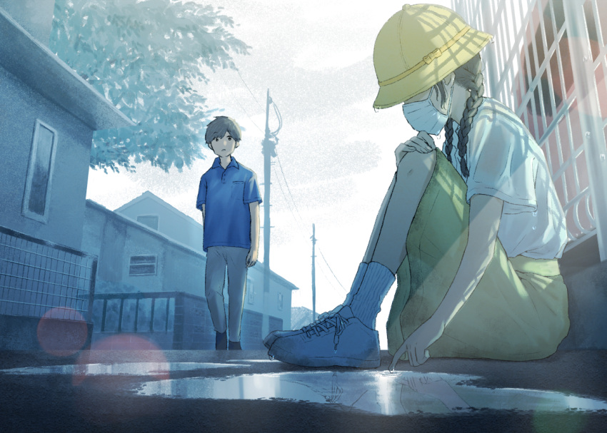 1boy 1girl after_rain black_hair blurry bokeh braid coat commentary_request depth_of_field house kanai_(nai_nai) kimi_to_ita_hi_no_tsuzuki looking_at_another mask medium_hair mouth_mask outdoors overcoat power_lines puddle shoes short_sleeves sitting skirt sneakers socks twin_braids utility_pole wet wet_clothes white_footwear white_socks yellow_headwear yellow_skirt