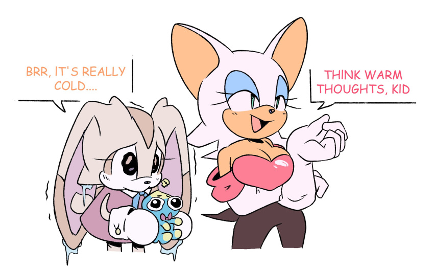2girls animal_ears animal_nose bat_ears bat_girl breasts chao_(sonic) cheese_(sonic) child cleavage cold commentary creature cropped_legs dress elbow_gloves english_commentary english_text female_child furry furry_female gloves green_eyes highres holding holding_creature ice multiple_girls no_wings open_mouth rabbit_ears rabbit_girl rabbit_tail rouge_the_bat simple_background smile sonic_(series) speech_bubble standing stellarspin tail trembling white_background white_gloves