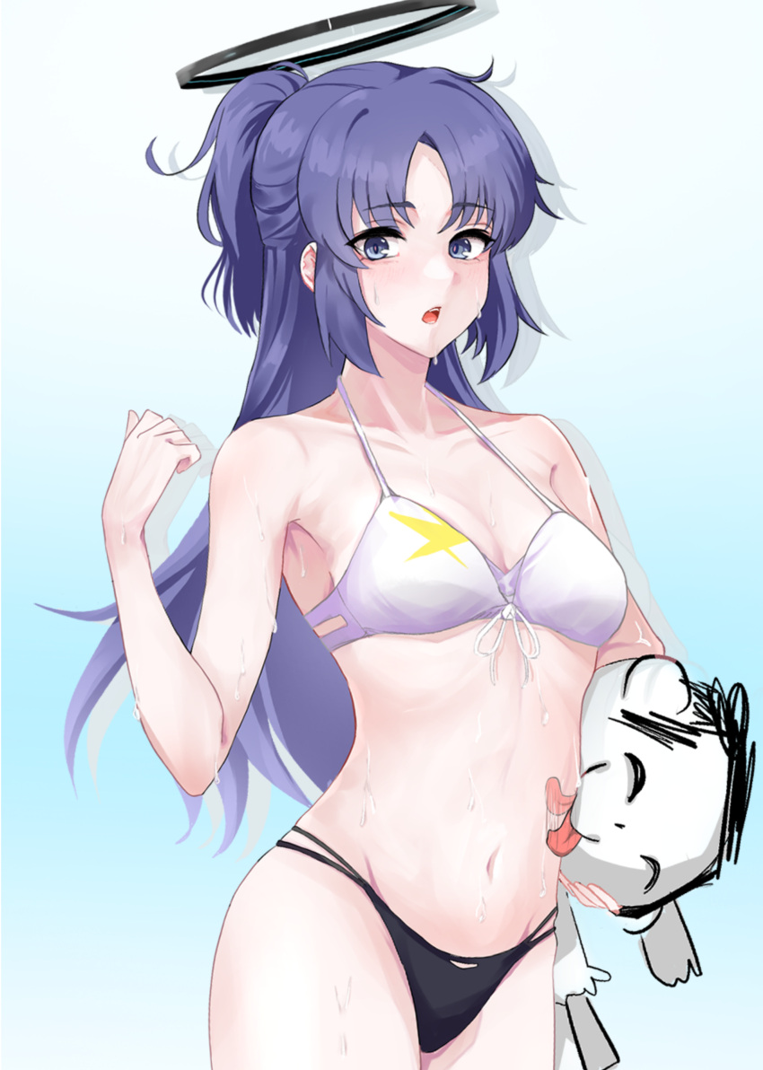 1girl 1other 6kus absurdres alternate_costume armpits arona's_sensei_doodle_(blue_archive) bikini blue_archive blush breasts collarbone groin half_updo halo highres licking licking_stomach looking_at_viewer medium_breasts mismatched_bikini navel pervert purple_eyes purple_hair sensei_(blue_archive) simple_background stomach sweat swimsuit yuuka_(blue_archive)