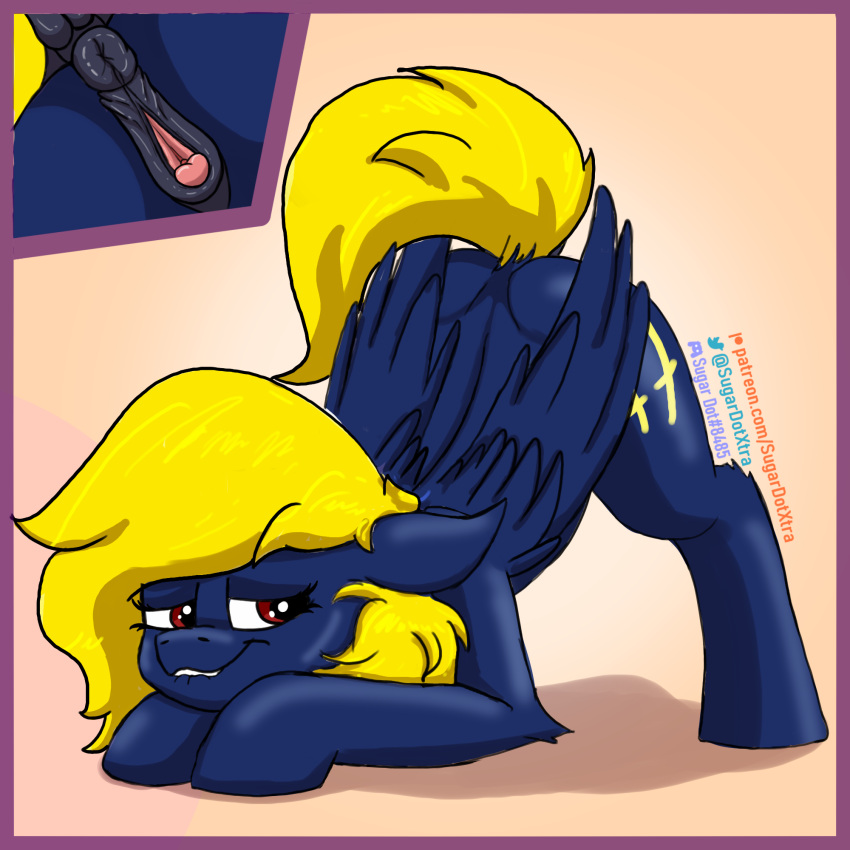 anatomically_correct anatomically_correct_anus anatomically_correct_genitalia anatomically_correct_pussy animal_genitalia animal_pussy anus bite biting_lip blonde_hair blue_body blue_feathers blue_fur clitoral_winking clitoris close-up cutie_mark digital_media_(artwork) dock equid equine equine_anus equine_genitalia equine_pussy fan_character feathers female feral folded_wings fur genitals hair half-closed_eyes hasbro hi_res mammal my_little_pony narrowed_eyes pegasus plump_labia puffy_anus pussy raised_tail red_eyes signature solo sugardotxtra tail wings ych_result yellow_tail