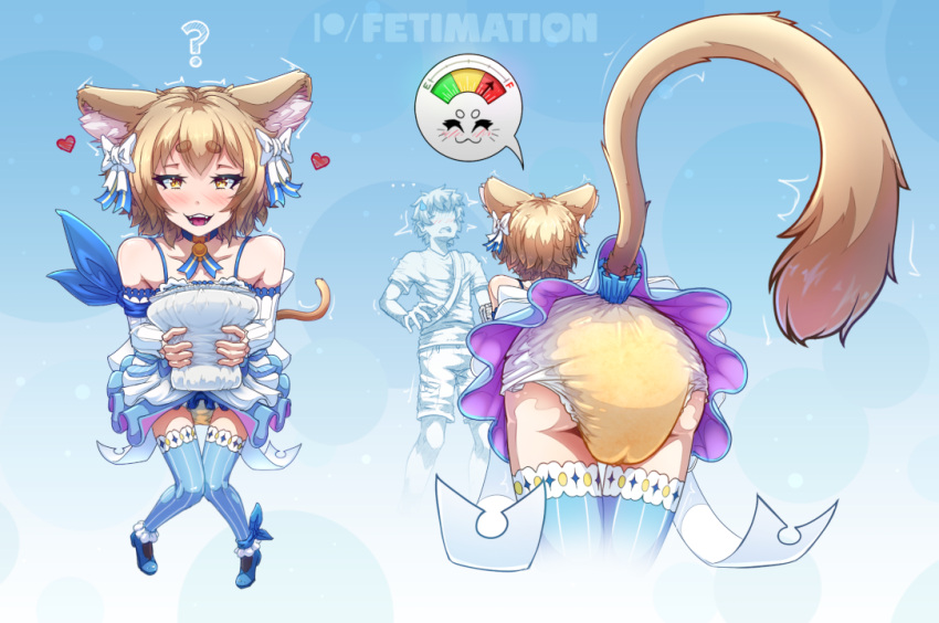 &lt;3 abstract_background animal_humanoid asking bent_over blonde_hair blue_clothing blue_legwear blush blush_lines bodily_fluids bow_accessory cat_humanoid cat_tail clothing diaper dress duo faceless_character faceless_male felid felid_humanoid feline feline_humanoid ferris_argyle fetimation footwear genital_fluids hair high_heels holding_diaper human humanoid legwear light_body light_skin male male/male mammal mammal_humanoid meter multiple_angles pictographics question_mark re:zero speech_bubble thigh_highs touching_diaper upskirt urine wet_diaper wetting yellow_eyes