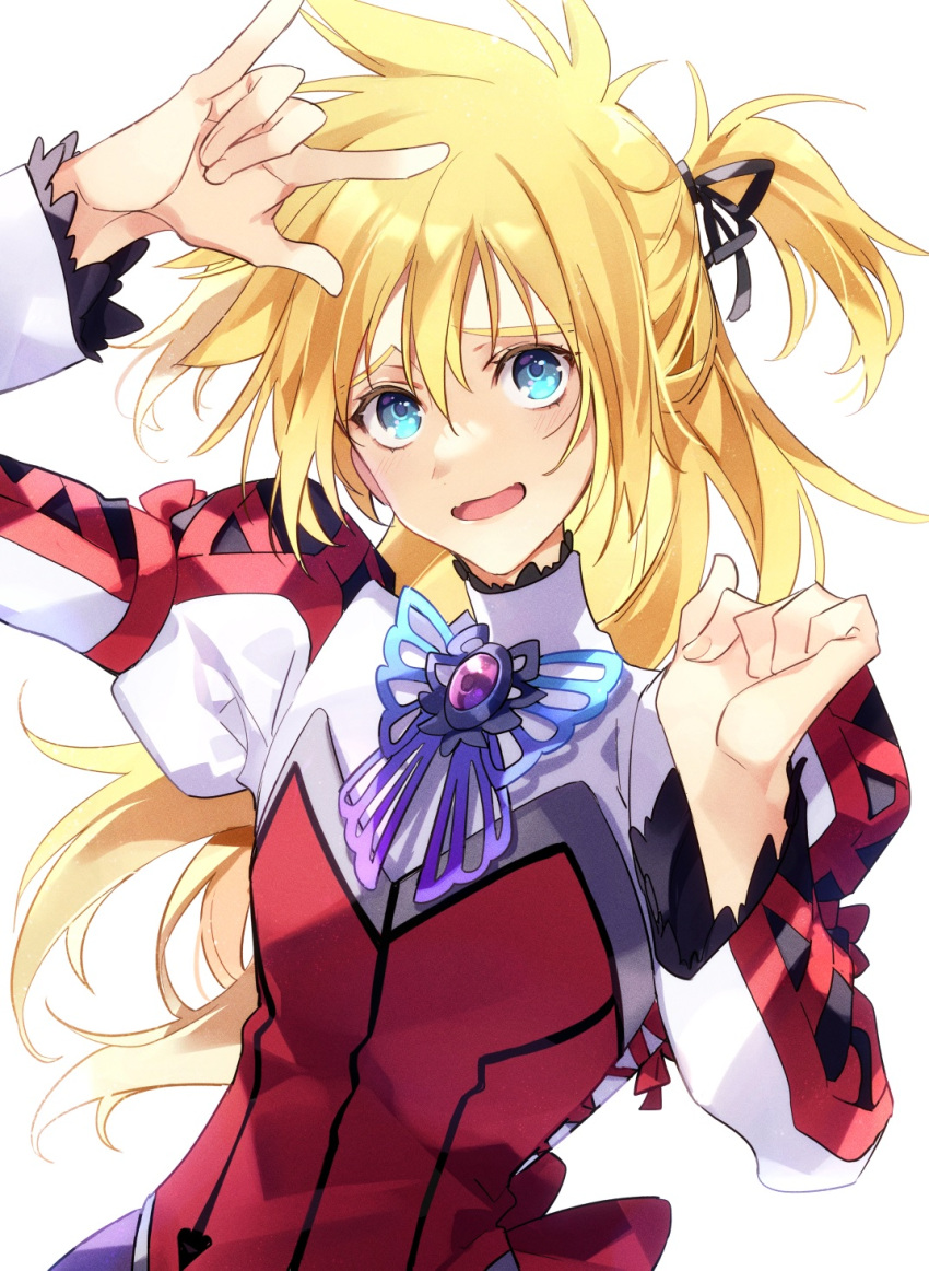 1boy \m/ blonde_hair blue_eyes blush bow brooch cheria_barnes cheria_barnes_(cosplay) cosplay crossdressing embarrassed frills hair_between_eyes hair_ribbon highres jewelry kirimi_maguro long_hair long_sleeves looking_at_viewer male_focus one_side_up open_mouth puffy_sleeves ribbon smile solo stahn_aileron tales_of_(series) tales_of_destiny turtleneck white_background
