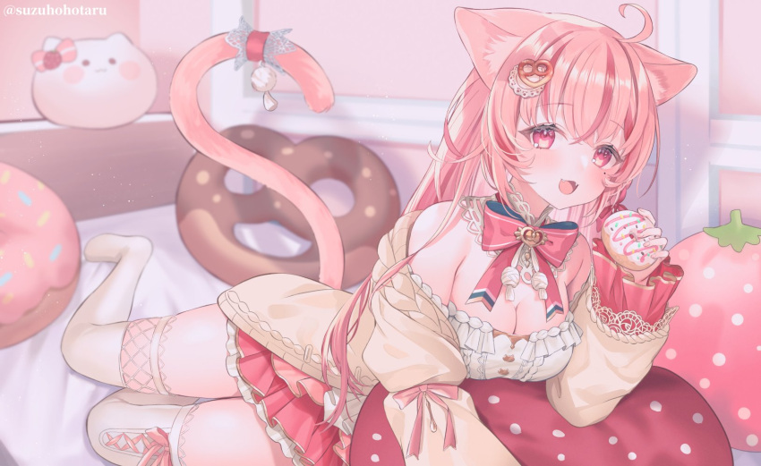 1girl animal_ears breasts cardigan cat_ears cat_girl cat_tail commission doughnut doughnut_pillow food highres indie_virtual_youtuber koito_amuno large_breasts long_hair long_sleeves looking_at_viewer miniskirt multicolored_hair off-shoulder_shirt off_shoulder open_cardigan open_clothes pillow pink_eyes pink_hair pink_skirt pleated_skirt pretzel shirt skeb_commission skirt strawberry_pillow streaked_hair suzuho_hotaru tail thighhighs virtual_youtuber white_shirt white_thighhighs zettai_ryouiki