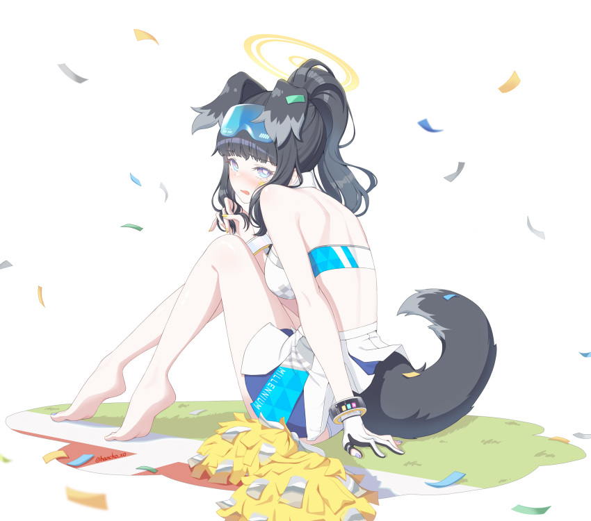 1girl absurdres animal_ears back bare_arms bare_legs bare_shoulders barefoot black_hair blue_archive blue_eyes blunt_bangs blush breasts cheerleader confetti dog_ears dog_girl dog_tail eyewear_on_head feet from_side hair_ornament halo hancho hibiki_(blue_archive) hibiki_(cheer_squad)_(blue_archive) highres long_hair looking_at_viewer medium_breasts millennium_cheerleader_outfit_(blue_archive) official_alternate_costume pom_pom_(cheerleading) simple_background sitting skirt solo star_sticker sticker_on_face tail thighs very_long_hair white_background white_skirt yellow_halo