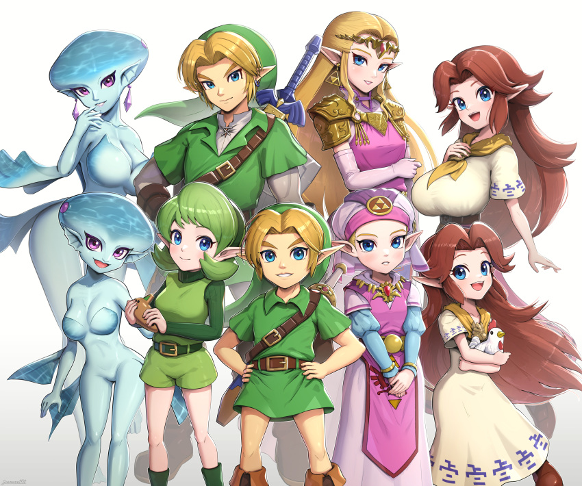1boy 4girls absurdres age_comparison belt blonde_hair blue_eyes blue_skin brown_hair circlet colored_skin commentary_request cucco dress earrings gonzarez green_hair green_headwear green_shirt green_shorts green_tunic highres jewelry link long_hair looking_at_viewer malon medium_hair monster_girl multiple_girls open_mouth pink_dress pointy_ears princess_ruto princess_zelda purple_eyes saria_(zelda) shield shield_on_back shirt shorts simple_background smile sword the_legend_of_zelda the_legend_of_zelda:_ocarina_of_time weapon white_background white_dress young_zelda