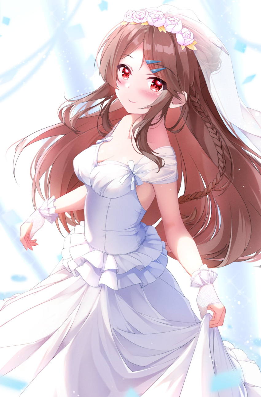 1girl azur_lane blush braid breasts bridal_veil brown_hair cleavage closed_mouth clothes_lift dress dress_lift fingerless_gloves flower frilled_dress frills fuuna gloves hair_flower hair_ornament hairclip highres kimberly_(azur_lane) long_hair looking_at_viewer medium_breasts red_eyes smile solo swept_bangs veil wedding_dress white_dress white_gloves