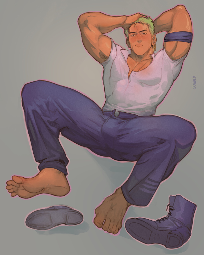 1boy absurdres bara barefoot blush bulge collared_shirt earrings enri_(ceinordraws) feet full_body green_hair hand_on_own_head highres jewelry large_pectorals looking_up male_focus mature_male muscular muscular_male one_piece pants pectoral_cleavage pectorals roronoa_zoro scar scar_across_eye scar_on_chest shirt short_hair shy sideburns solo spread_legs stitches thick_eyebrows thighs unworn_footwear veiny_face