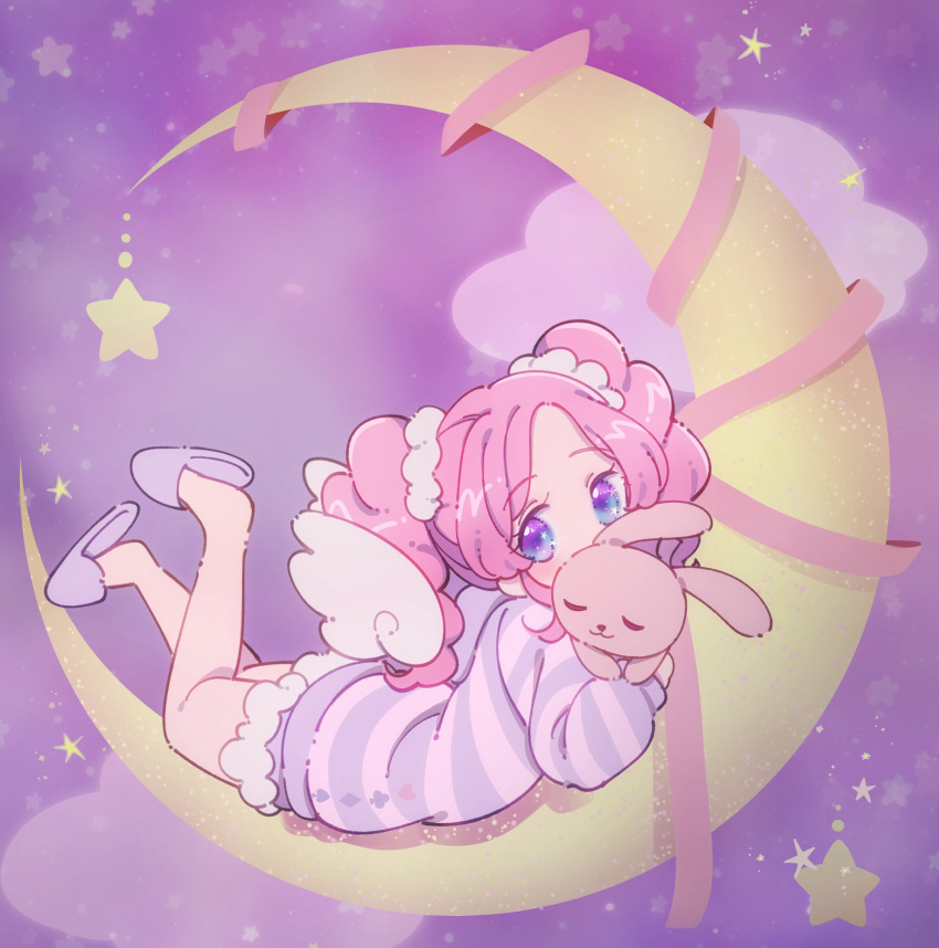 1girl aikatsu! aikatsu!_(series) amahane_madoka bare_legs cloud commentary crescent_moon gradient_eyes highres holding holding_stuffed_toy long_sleeves looking_at_viewer lying moon multicolored_eyes on_stomach pajamas parted_bangs pink_hair purple_background purple_eyes purple_pajamas scrunchie slippers solo star_(symbol) stuffed_animal stuffed_rabbit stuffed_toy toon_(noin) twintails wings