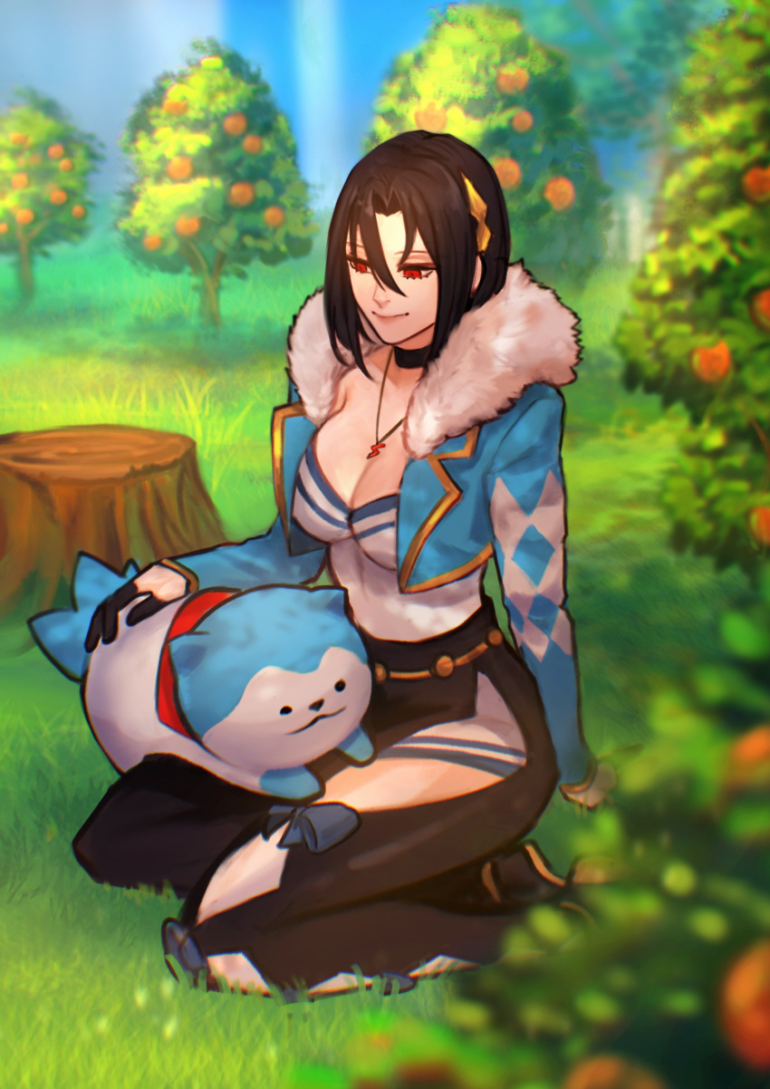 1girl absurdres animal animal_ears black_hair breasts cleavage fire_emblem fire_emblem_engage food fruit fur_trim gloves hair_between_eyes hair_ornament highres jewelry large_breasts long_sleeves necklace nel_(fire_emblem) parted_bangs petting red_eyes sethkiel short_hair smile sommie_(fire_emblem) tail