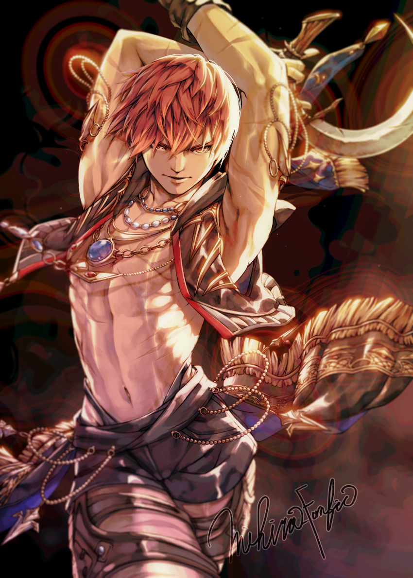 1boy absurdres armpits arms_up chakram closed_mouth cowboy_shot dancer_(final_fantasy) eyebrows_hidden_by_hair final_fantasy final_fantasy_xiv hair_between_eyes highres holding holding_weapon hyur jewelry linea_alba lips looking_at_viewer male_focus mihira_(tainosugatayaki) navel necklace open_clothes open_vest pendant red_hair scar scar_on_arm scar_on_stomach short_hair shorts solo stomach toned toned_male vest warrior_of_light_(ff14) weapon
