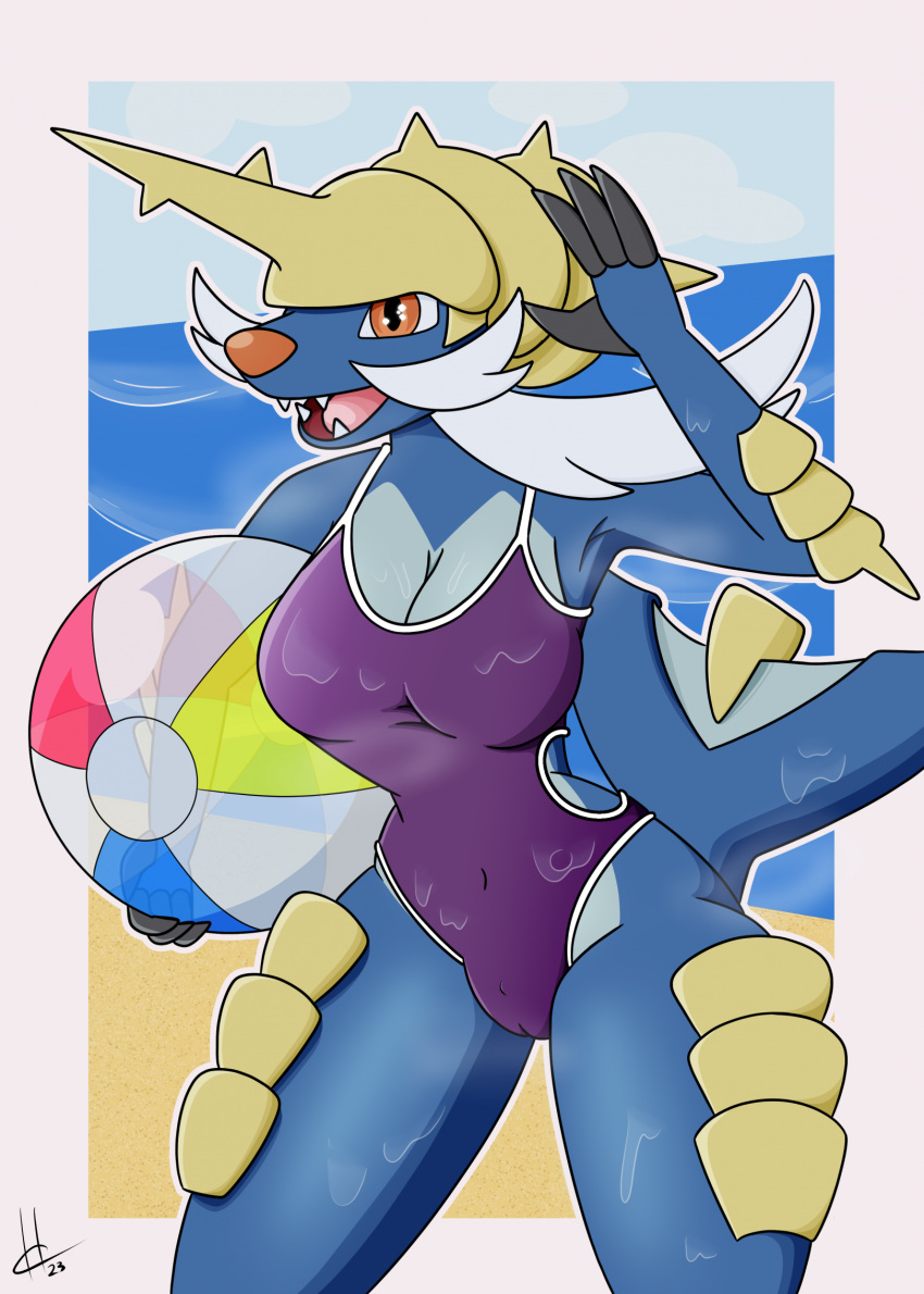 4_fingers anthro anthrofied ball beach beach_ball big_breasts blue_body blue_skin blue_sky border breasts camel_toe cleavage clitoris_outline clothed clothed_anthro clothing cloud dabid dated facial_hair fangs female fingers front_view generation_5_pokemon gesture hair hi_res holding_beach_ball horn inflatable nintendo one-piece_swimsuit open_mouth orange_eyes orange_nose outline pink_tongue pokemon pokemon_(species) portrait pupils purple_clothing purple_one-piece_swimsuit purple_swimwear samurott sea seaside shell signature sky slit_pupils solo swimwear tail tan_shell teeth three-quarter_portrait tongue translucent_beach_ball water waving wet wet_swimwear white_border white_hair white_outline