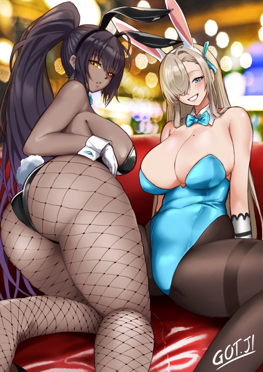2girls absurdres animal_ears artist_name ass asuna_(blue_archive) asuna_(bunny)_(blue_archive) black_hair black_leotard black_pantyhose blonde_hair blue_archive blue_bow blue_bowtie blue_eyes blue_leotard blush bow bowtie breasts collar couch dark-skinned_female dark_skin earrings fake_animal_ears fishnet_pantyhose fishnets gloves got_ji_(gojich1) hair_over_one_eye hair_ribbon halo highres huge_breasts jewelry karin_(blue_archive) karin_(bunny)_(blue_archive) kneeling leotard lips long_hair looking_back mole mole_on_breast multiple_girls official_alternate_costume pantyhose parted_lips playboy_bunny rabbit_ears ribbon seiza sideboob sitting smile spread_legs strapless strapless_leotard stud_earrings thick_thighs thighband_pantyhose thighs very_long_hair white_background white_collar white_gloves yellow_eyes