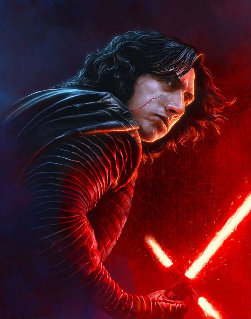 1boy absurdres ben_judd black_gloves black_hair black_shirt black_tunic brown_eyes crossguard_lightsaber energy_sword gloves highres holding_lightsaber kylo_ren lightsaber looking_to_the_side red_lightsaber scar scar_on_cheek scar_on_face shirt solo star_wars sword upper_body weapon