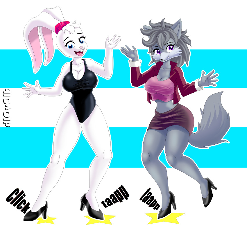 2022 5_fingers absurd_res anthro bare_legs black_clothing black_footwear black_heels black_leotard black_shoes blue_eyes bottomwear breasts buckteeth canid canine canis cheek_tuft cleavage closed_smile clothed clothing contact_onomatopoeia dance_shoes dancewear dancing diana_wolf_(fusiondragon180) dlovolb duo eyebrows facial_tuft female fingers footwear fur glistening glistening_clothing glistening_footwear glistening_high_heels glistening_shoes grey_body grey_fur grey_hair hair hi_res high_heels impact_emanata impact_onomatopoeia jacket lagomorph leotard leporid mammal mouth_closed onomatopoeia open_mouth open_smile pink_clothing pink_crop_top pink_jacket pink_topwear plantigrade ponytail_ears purple_bottomwear purple_clothing purple_skirt rabbit raised_heel scrunchie shoes skirt smile sound_effects tail tap_dancing tap_shoes teeth text topwear tuft white_body white_fur wolf zoey_bunny_(fusiondragon180)