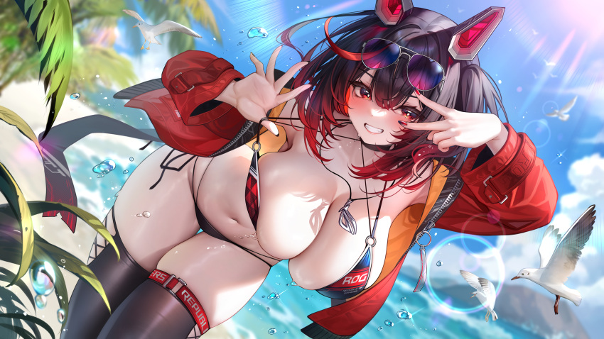 1girl animal_ears arm_up armpits bare_shoulders bent_over bikini black_bikini black_choker black_hair black_thighhighs breasts character_request choker cleavage day eyewear_on_head fake_animal_ears gradient_hair grin halterneck highres indie_virtual_youtuber jacket jewelry large_breasts leaning_forward long_hair long_sleeves looking_at_viewer meion multi-strapped_bikini_bottom multi-strapped_bikini_top multicolored_hair nail_polish navel necklace off_shoulder official_art one_side_up open_clothes open_jacket outdoors pulled_by_self red_eyes red_hair red_jacket side-tie_bikini_bottom skindentation smile solo standing stomach strap_pull string_bikini sunglasses sunlight swimsuit thigh_gap thighhighs thighs tinted_eyewear two-tone_hair v virtual_youtuber wet