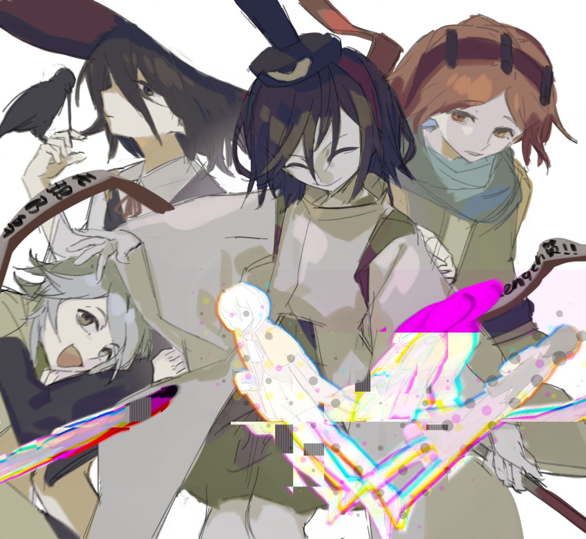 2girls 4others badai bird bird_on_hand black_coat black_hair black_headwear black_sleeves blue_scarf bow bowtie brown_coat chinese_commentary closed_eyes closed_mouth coat collared_coat collared_shirt commentary_request crow detached_sleeves enraku_tsubakura eye_of_senri eye_on_hat figure frown glitch green_hakama green_kimono green_skirt grey_eyes grey_hair hairband hakama hakama_short_skirt hakama_skirt hand_on_another's_shoulder haru_(len'en) hat hat_ribbon highres holding_rod houlen_yabusame japanese_clothes kariginu kimono layered_sleeves len'en long_sleeves looking_at_another multiple_girls multiple_others ofuda open_mouth orange_eyes orange_hair other_focus outstretched_arms parted_lips red_bow red_bowtie red_hairband red_headwear red_ribbon ribbon scarf senri_tsurubami shirt shitodo_hoojiro short_hair short_hair_with_long_locks skirt sleeveless sleeveless_coat smile two-sided_fabric two-sided_headwear upper_body white_background white_shirt white_sleeves wide_brim wide_sleeves yellow_sleeves zuifeng_tenkai