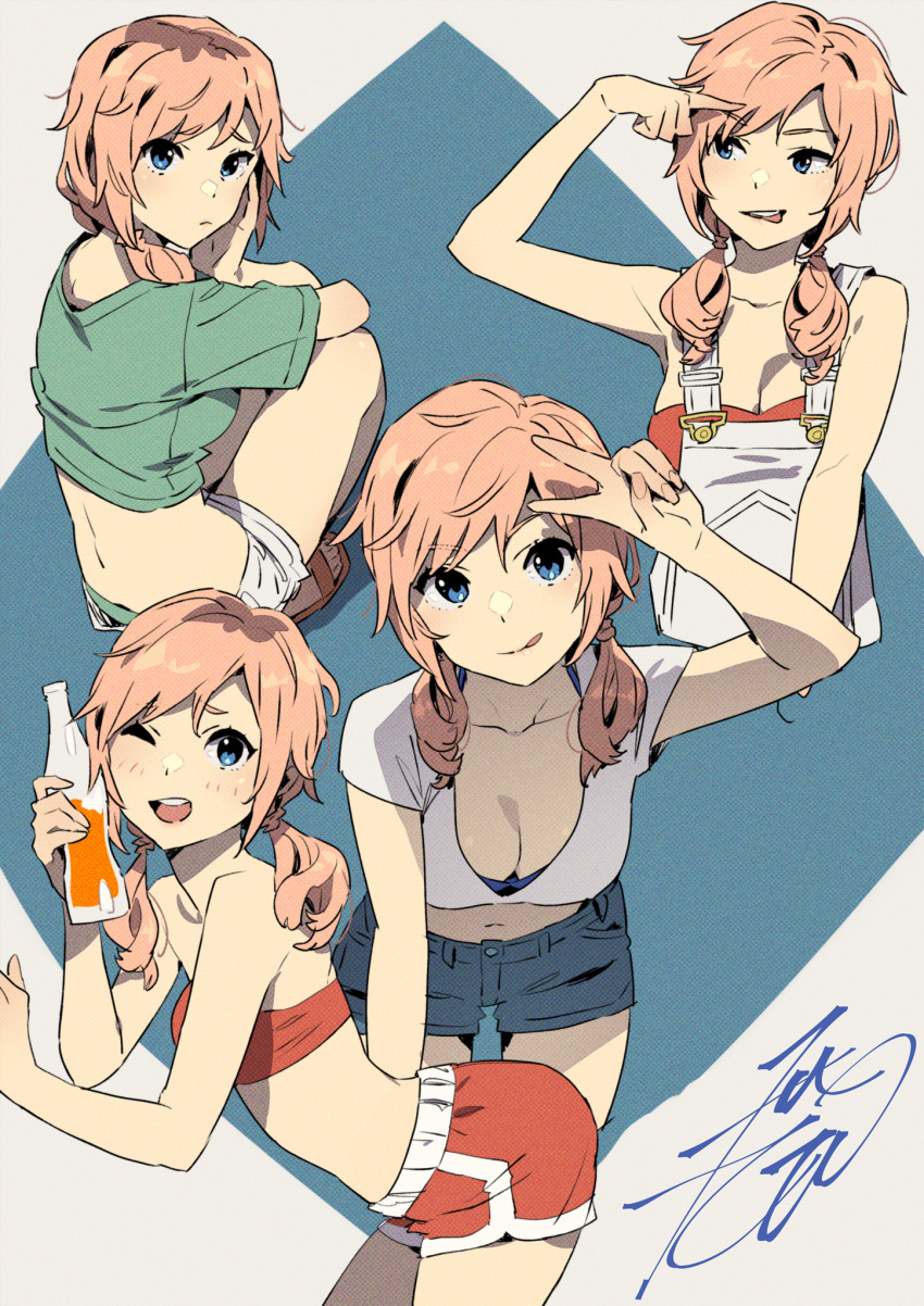 1girl :d arched_back asymmetrical_bangs asymmetrical_hair bare_shoulders blue_bra blue_eyes bottle bra breasts cleavage collage cropped_arms cropped_legs cropped_torso full_body glass_bottle green_panties green_shirt head_on_hand highres holding holding_bottle kobayashi_gen looking_at_viewer low_twintails medium_hair midriff monica_blueash navel one_eye_closed open_mouth orange_footwear orange_shorts orange_tube_top overalls panties parted_bangs pink_hair pointing pointing_at_self sandals school_girl_strikers shirt short_shorts short_twintails shorts sidelocks signature simple_background smile soda_bottle squatting strapless thighs tongue tongue_out tube_top twintails underwear v white_overalls white_shirt white_shorts