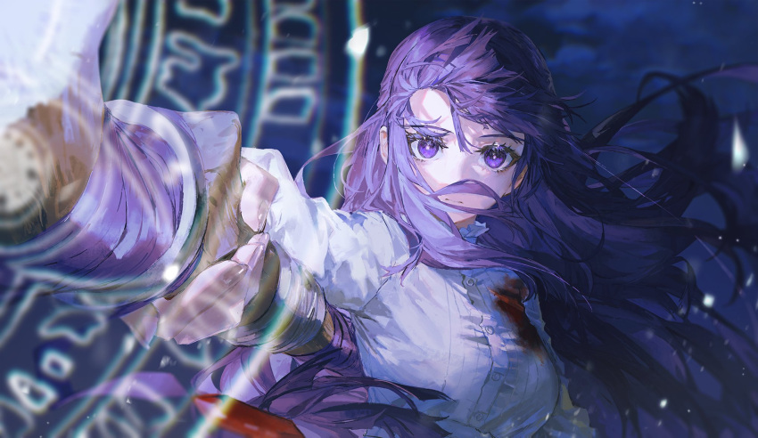 1girl blood blood_on_clothes breasts collar dress fern_(sousou_no_frieren) frilled_collar frills highres holding holding_staff large_breasts long_hair mage_staff magic purple_eyes purple_hair quasarcake solo sousou_no_frieren staff straight_hair white_dress