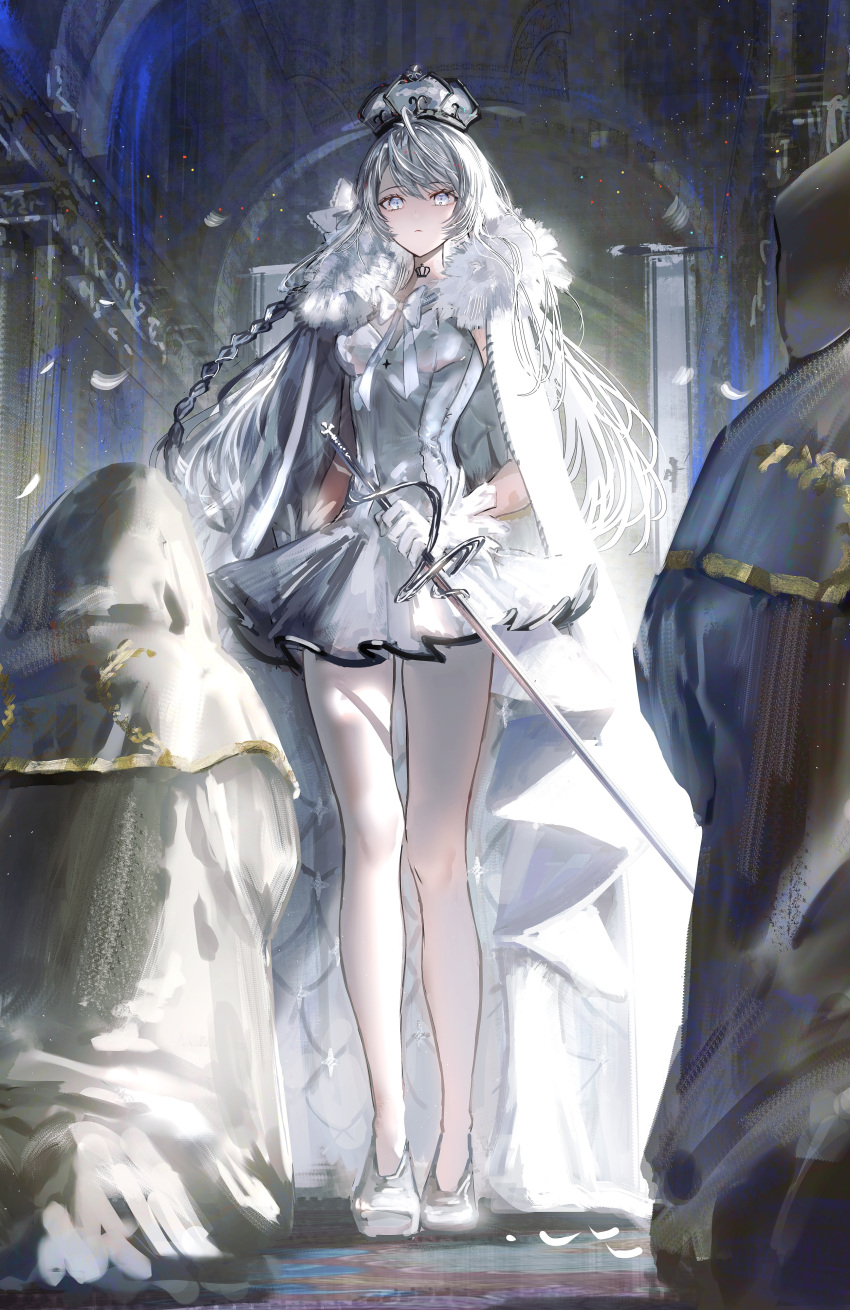 1girl absurdres arch bow breasts cape ceiling closed_mouth crown dress full_body fur-trimmed_cape fur_trim gawako gloves grey_eyes highres holding holding_sword holding_weapon hooded_robe indoors kneeling long_hair original pantyhose rapier robe shoes sleeveless sleeveless_dress small_breasts solo_focus standing sword vaulted_ceiling weapon white_bow white_cape white_dress white_footwear white_gloves white_hair white_pantyhose