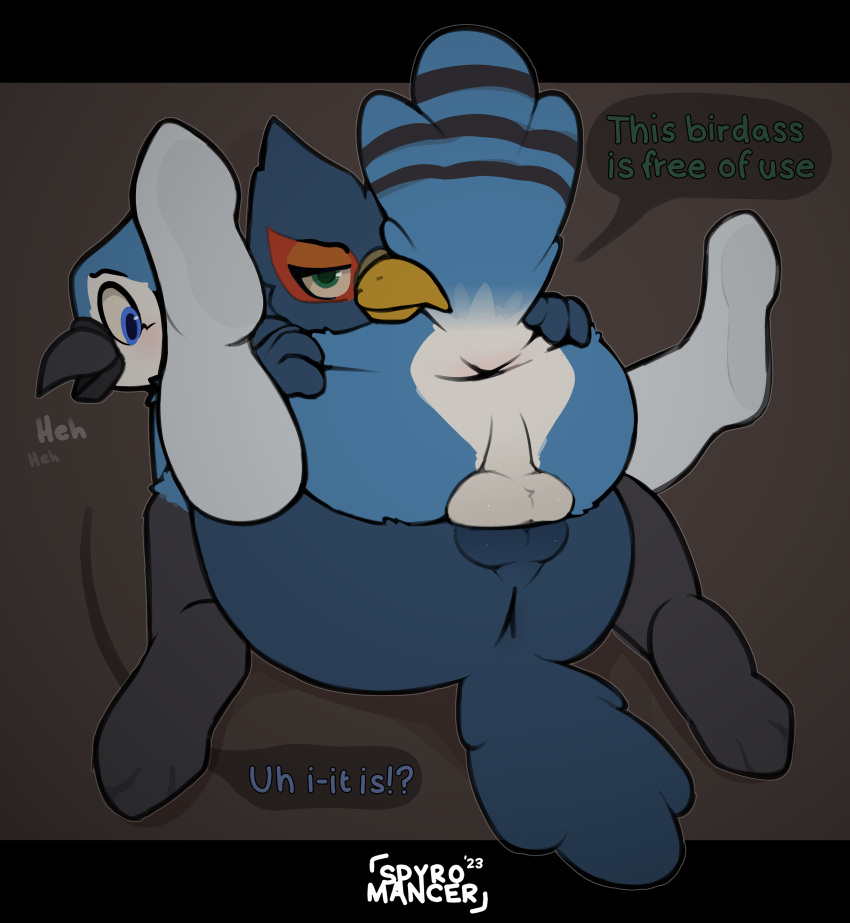 absurd_res anthro anus ass_up avian balls bedroom_eyes bird blue_body blue_eyes blue_feathers blue_fur blue_jay blush butt cartoon_network cocky cocky_smile corvid dialogue duo falco_lombardi feathers fur genitals green_eyes hand_on_butt hi_res jay_(bird) looking_at_viewer looking_back looking_pleasured lying lying_on_another male male/male markings mordecai_(regular_show) narrowed_eyes new_world_jay nintendo nude on_back on_front on_top open_mouth orange_body orange_fur oscine passerine raised_leg raised_tail red_body red_fur regular_show seductive simple_background smile speech_bubble spread_anus spread_butt spread_legs spreading spyromancer star_fox submissive tail tail_markings text white_balls white_body white_butt white_fur