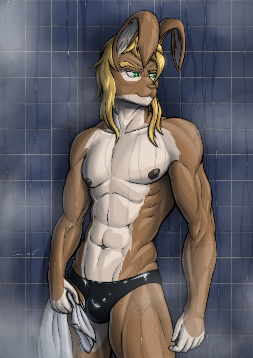 2023 abs absurd_res anthro athletic black_clothing black_swimwear blonde_hair clothed clothing dark_nipples digital_drawing_(artwork) digital_media_(artwork) dripping_water floppy_ears fur glistening glistening_body green_eyes hair henrik_(za-owl) hi_res holding_object lagomorph leporid long_hair looking_away male mammal muscular muscular_male pecs rabbit simple_background smile solo speedo standing steam swimwear tile tile_wall topless towel wall_(structure) water wet wet_body wet_fur za-owl