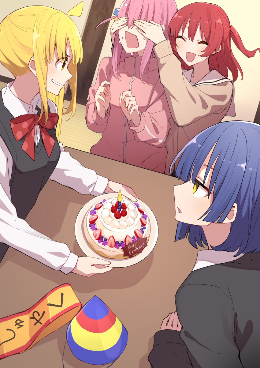 4girls :d absurdres ahoge birthday_cake birthday_party blonde_hair blue_hair blush bocchi_the_rock! bow cake candle closed_eyes collared_shirt commentary cube_hair_ornament food friends gotou_hitori grin hair_between_eyes hair_ornament half_updo happy happy_birthday hat hat_removed headwear_removed highres ijichi_nijika indoors jacket kita_ikuyo long_hair long_sleeves medium_hair multiple_girls nervous nose one_side_up open_mouth party_hat pink_hair pink_jacket polka_dot polka_dot_bow profile red_bow red_hair school_uniform serafuku shirt side_ponytail sidelocks sleeves_past_wrists smile sweat tamago_sando v-shaped_eyebrows white_shirt yamada_ryou yellow_eyes