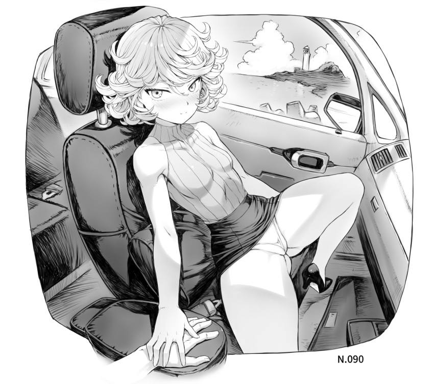 1girl ass_visible_through_thighs blush breasts curly_hair dress greyscale high_heels looking_at_viewer micro_panties mogudan monochrome on_vehicle one-punch_man panties partially_visible_vulva pov short_hair skirt small_breasts solo_focus spread_legs tatsumaki thighs turtleneck_dress underwear