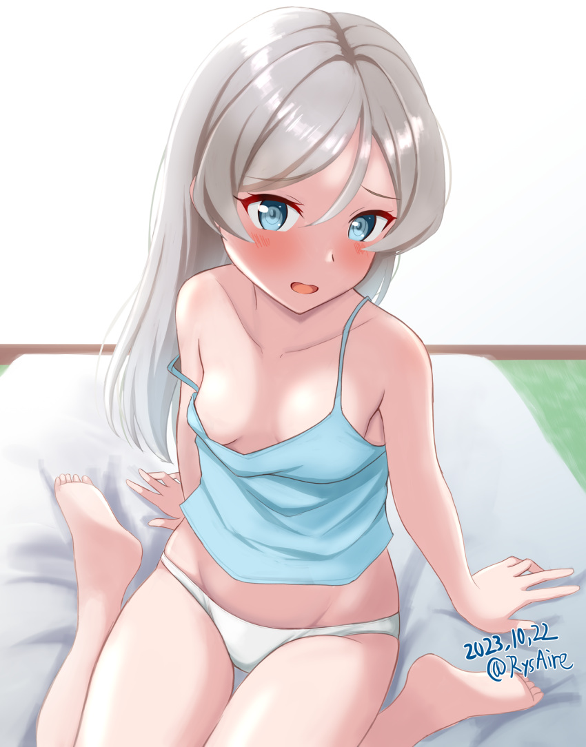1girl ame-san bed blue_camisole blue_eyes breasts camisole collarbone commentary_request dated grey_hair highres javelin_(kancolle) kantai_collection long_hair looking_at_viewer panties sitting small_breasts solo strap_slip twitter_username underwear wariza white_panties