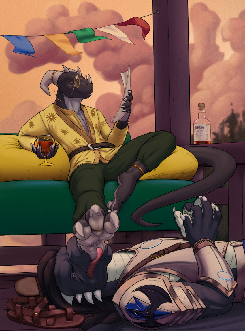 alcohol anthro armor arms_tied beverage bound claws clothing disgust dragon duo eyewear feet foot_fetish foot_focus foot_lick foot_play footwear glasses hair hi_res horn jewelry licking long_hair male male/male reading scalie soles tail tall_lizzard_(artist) toe_claws toes tongue tongue_out wings