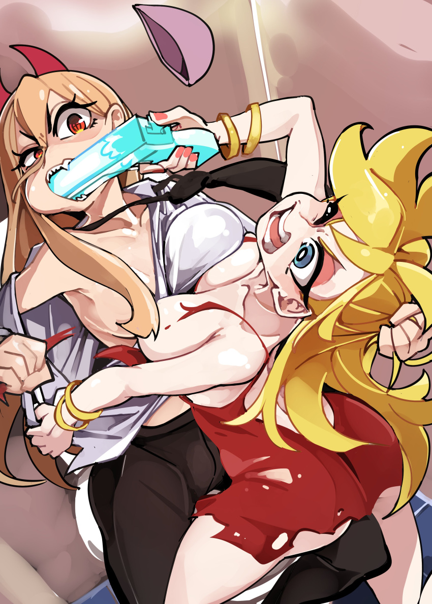 2girls absurdres ass black_pantyhose blonde_hair blue_eyes bongfill bracelet breast_padding breast_press breasts chainsaw_man commentary crossover demon_girl demon_horns dress fighting grabbing_another's_hair gun gun_in_mouth highres holding holding_gun holding_weapon horns jewelry large_breasts multiple_girls necktie on_toilet one_eye_closed open_mouth orange_eyes panty_&amp;_stocking_with_garterbelt panty_(psg) pantyhose power_(chainsaw_man) red_dress red_horns sharp_teeth shirt small_breasts symbol-only_commentary symbol-shaped_pupils teeth torn_clothes weapon white_shirt