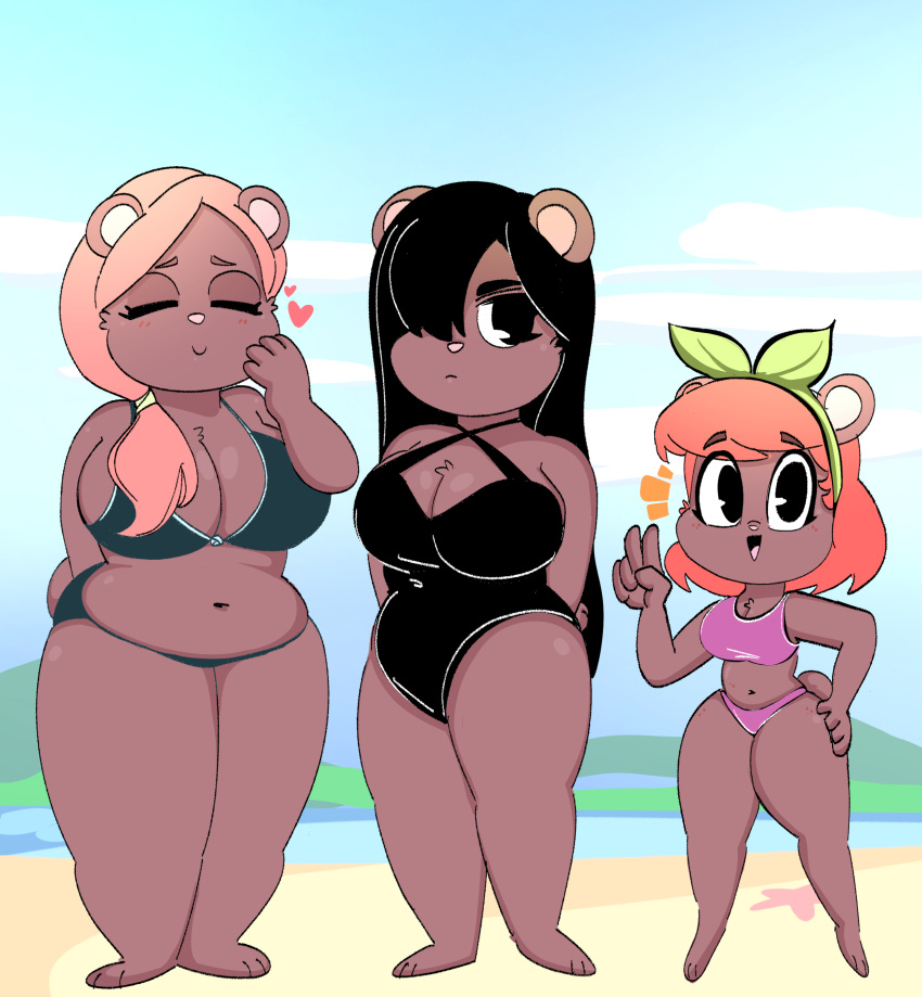 &lt;3 absurd_res anthro beach bear big_breasts bikini blush breasts chubby_female cleavage clothed clothing eyes_closed female gesture group hair hair_over_eye hand_on_hip hi_res huge_breasts looking_at_viewer mammal navel one-piece_swimsuit one_eye_obstructed onibi seaside swimwear thick_thighs trio v_sign