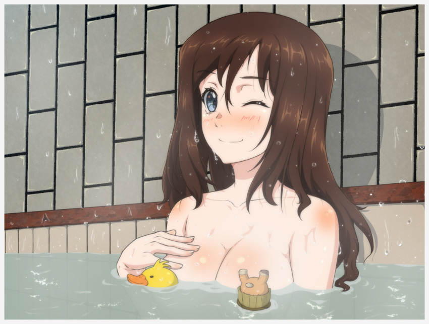 1girl ada_badguy bath bathing blue_eyes blush breasts brown_hair cleavage closed_mouth collarbone girls_und_panzer large_breasts long_hair looking_at_viewer megumi_(girls_und_panzer) one_eye_closed rubber_duck smile solo upper_body wet