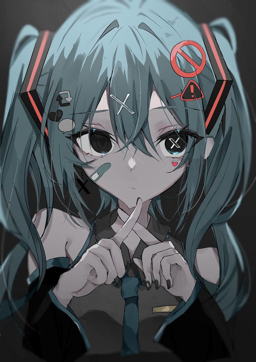 1girl aqua_eyes aqua_hair aqua_necktie bandaid bandaid_on_face bare_shoulders black_nails breasts collared_shirt crossed_out detached_sleeves earrings expressionless facial_tattoo fingernails grey_background hair_between_eyes hair_ornament hatsune_miku heart heart_tattoo highres jewelry like_and_retweet long_hair nail_polish necktie shirt sidelocks simple_background single_earring small_breasts solo tattoo twintails upper_body vocaloid waimoniku x_hair_ornament
