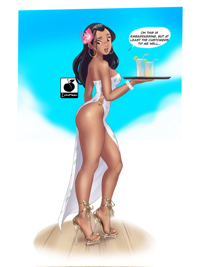 brown_eyes dark_skin dress earrings flower hair_flower hair_ornament hairband highres hoop_earrings jewelry lilo_&amp;_stitch linkartoon lips long_hair nani_pelekai platform_footwear platform_heels revealing_clothes side_slit thighs tray very_dark_skin waitress white_dress