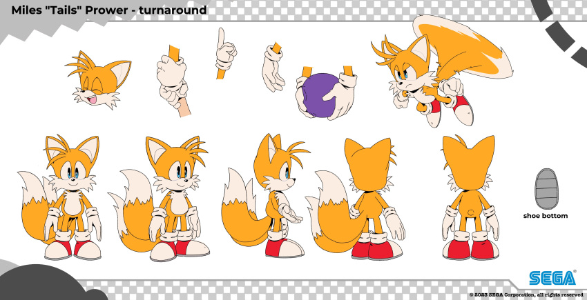 absurdres ball blue_eyes character_profile closed_eyes closed_mouth flying fox_boy fox_tail frown gloves highres holding holding_another's_wrist holding_ball laughing multiple_tails multiple_views official_art red_footwear reference_sheet sega serious shoes smile sonic_(series) sonic_dream_team tail tails_(sonic) turnaround tyson_hesse white_gloves