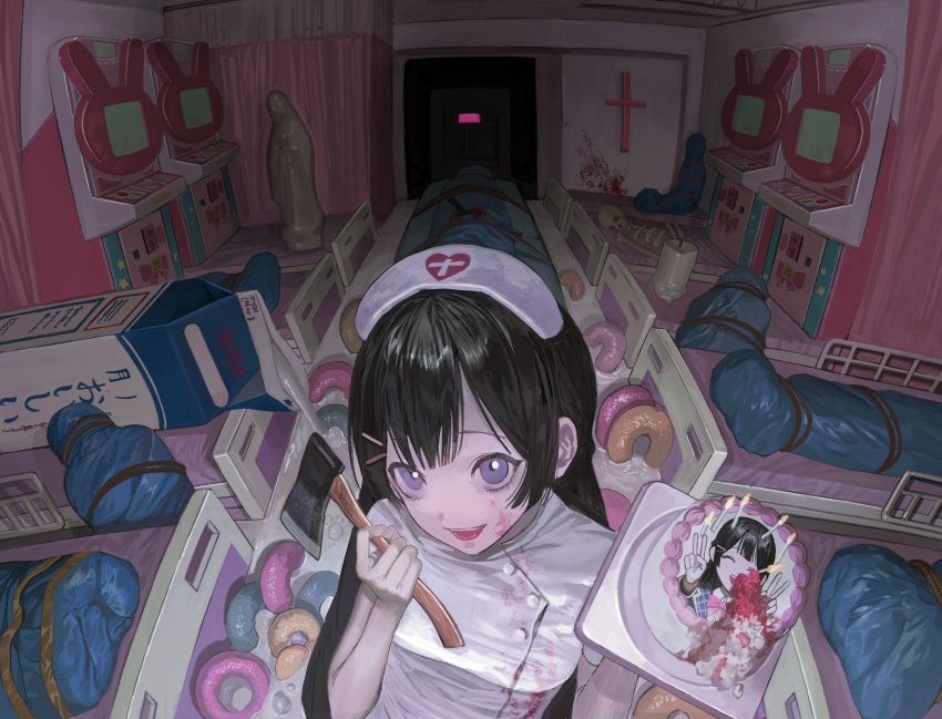 1girl absurdres alternate_costume arcade_cabinet axe bed birthday_cake blood blood_on_clothes blood_on_face blood_on_wall body_bag cake candle cereal commentary corpse crazy crazy_smile cross double_v food hands_up hat hatchet_(axe) heart heart_print highres holding holding_axe holding_cake holding_food hospital hospital_bed ikuta41 indoors liquid looking_at_viewer milk_carton nijisanji nurse_cap open_mouth oversized_food oversized_object purple_eyes shirt skeleton solo surreal tsukino_mito uniform upper_body v virtual_youtuber wading white_shirt