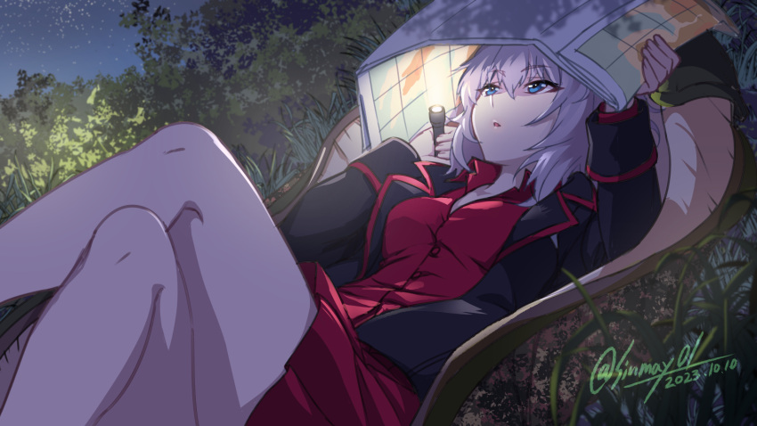 1girl artist_name black_jacket blue_eyes commission crossed_legs dated expressionless flashlight girls_und_panzer highres holding holding_map itsumi_erika jacket kuromorimine_military_uniform map night night_sky pixiv_commission red_shirt red_skirt shinmai_(kyata) shirt skirt sky solo white_hair