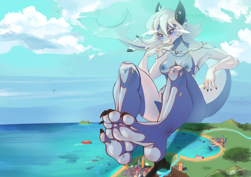4_toes aly blue_body breasts cel_shading city city_crushing crush ear_piercing evil_grin feet female fish foot_fetish foot_focus foreshortening green_eyes grin hair hi_res hindpaw invalid_tag landscape landscape_background macro marine nude paws piercing sadistic_smile sea seaside shaded shark sitting smile smolspearrow solo toes tomboy water white_body white_hair