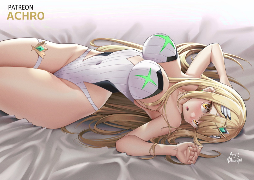 1girl achromaru armpits artist_name bed_sheet blonde_hair blush breasts collarbone covered_navel earrings eyelashes highleg highleg_swimsuit highres impossible_clothes jewelry large_breasts long_hair looking_at_viewer lying mythra_(xenoblade) on_back one-piece_swimsuit open_mouth patreon_username ribbed_swimsuit shadow sidelocks solo stud_earrings swimsuit thigh_strap thighs tiara white_one-piece_swimsuit white_swimsuit xenoblade_chronicles_(series) xenoblade_chronicles_2 yellow_eyes