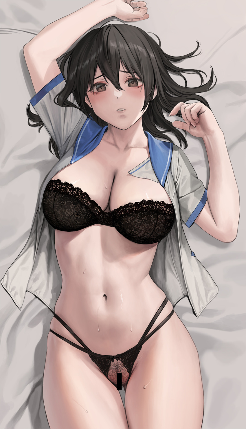 1girl alternate_breast_size bar_censor black_bra bra breasts censored crotchless crotchless_panties highres himeragi_yukina jeneral large_breasts panties pubic_hair solo strike_the_blood underwear