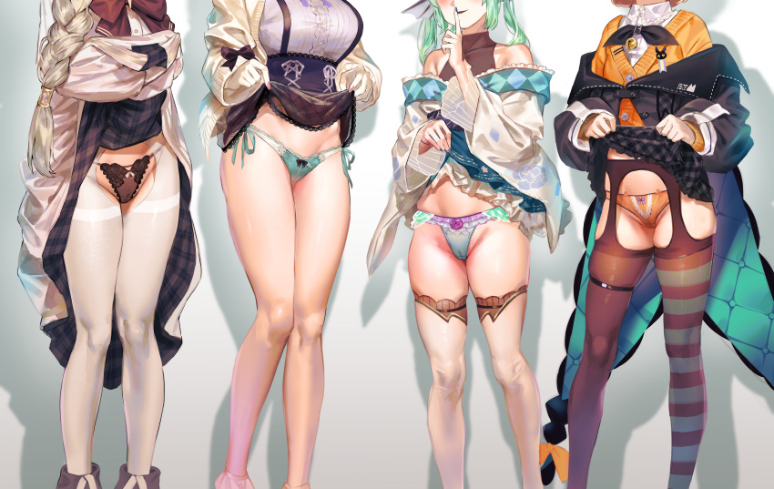 4girls absurdres aia_amare black_jacket black_panties bra breasts cardigan ceres_fauna clothes_lift finana_ryugu finger_to_mouth garter_belt green_panties grey_hair head_out_of_frame highres hololive hololive_english jacket kuroi_suna lace-trimmed_skirt lace_trim large_breasts lifted_by_self long_hair long_sleeves millie_parfait multiple_girls nijisanji nijisanji_en open_cardigan open_clothes orange_cardigan panties pantyhose parted_lips plaid plaid_skirt presenting_panties shirt shushing side-tie_panties skirt skirt_lift standing striped striped_thighhighs suspender_skirt suspenders thigh_strap thighhighs underwear white_pantyhose white_shirt white_thighhighs