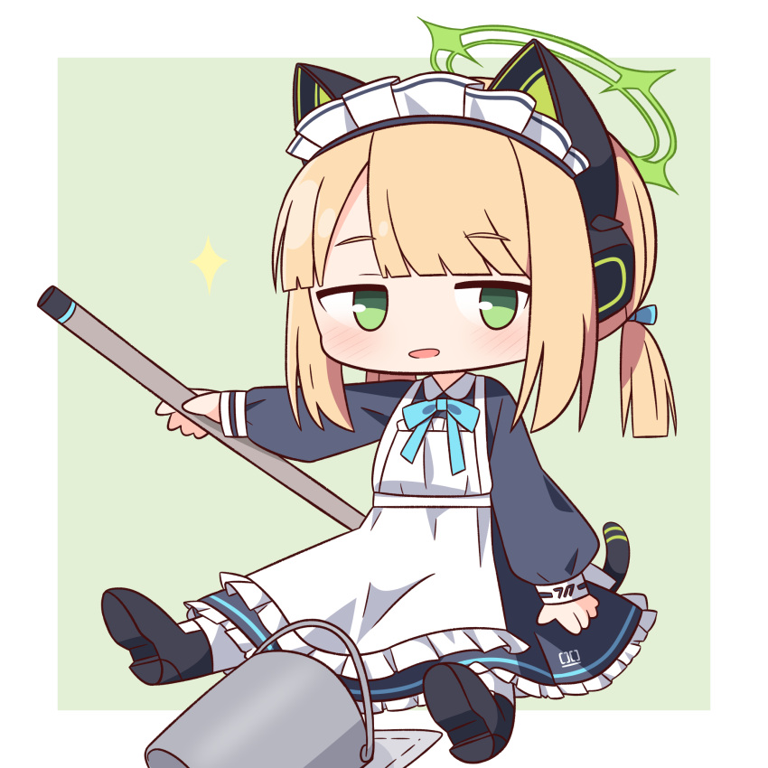 1girl animal_ear_headphones animal_ears apron black_dress black_footwear blonde_hair blue_archive blush bucket dress fake_animal_ears frilled_apron frilled_dress frills full_body green_eyes green_halo halo hana_kazari headphones highres long_sleeves looking_at_viewer maid maid_apron maid_headdress midori_(blue_archive) midori_(maid)_(blue_archive) official_alternate_costume open_mouth shoes short_hair solo sparkle two-tone_background white_apron