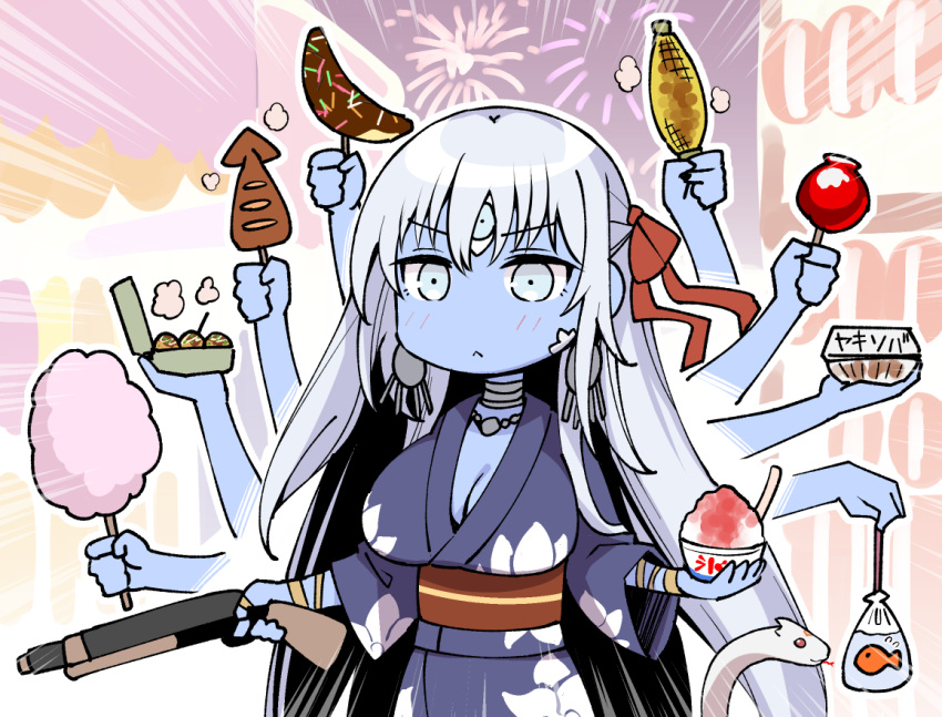 1girl :&lt; bag bagged_fish blue_eyes blue_skin breasts candy_apple chibi chocolate_banana colored_skin corn cotton_candy earrings emphasis_lines extra_arms fate/grand_order fate_(series) fireworks fish food fried_squid goldfish grey_hair grilled_corn japanese_clothes jewelry kali_(fate) kimono large_breasts long_hair ono_misao pop_gun shaved_ice snake summer_festival takoyaki third_eye yukata