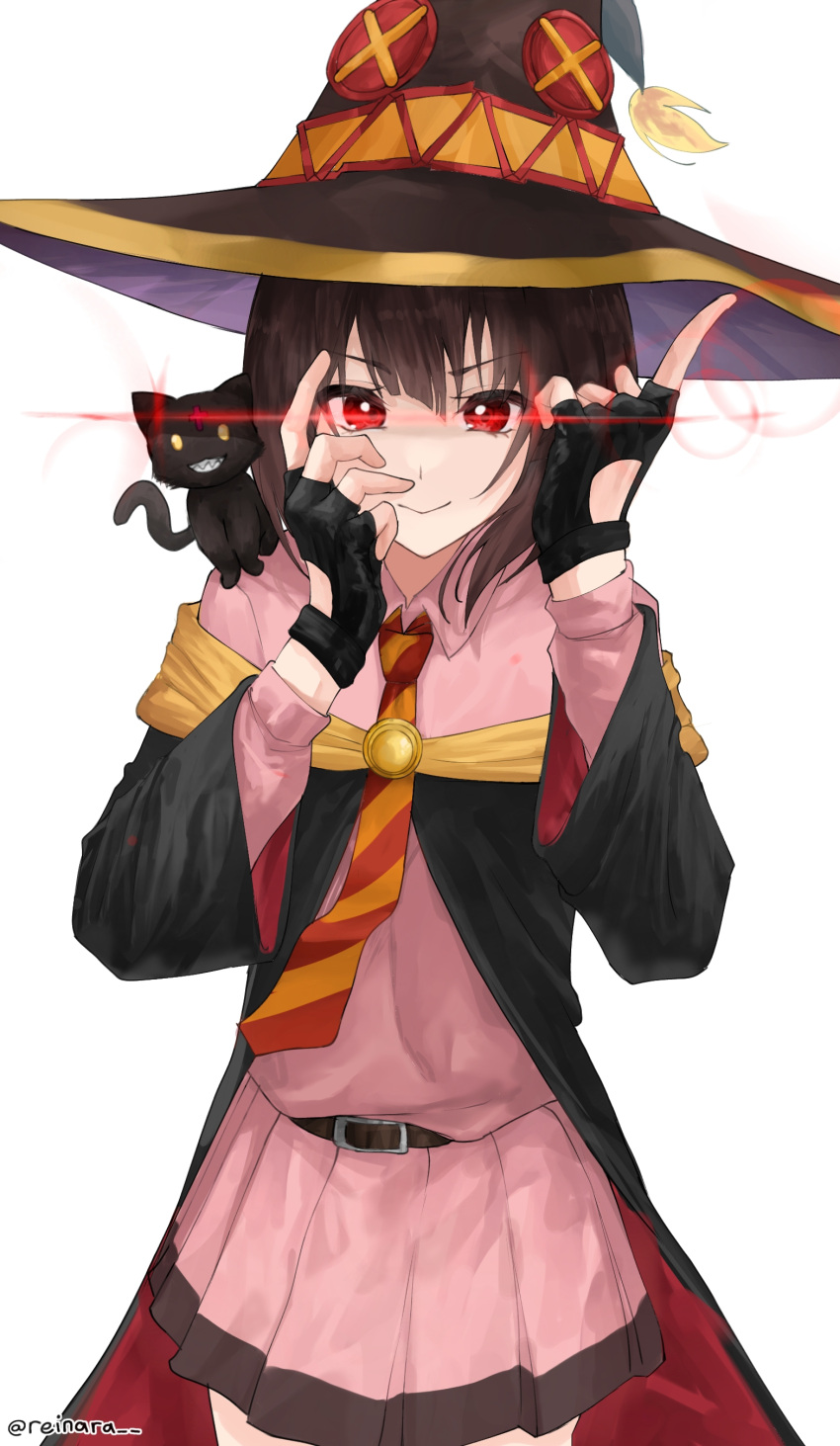 1girl absurdres animal_on_shoulder artist_name black_cloak black_gloves black_headwear brown_hair brown_sweater cat cat_on_shoulder chomusuke cloak closed_mouth commentary diagonal-striped_necktie dress eye_trail fingerless_gloves gloves glowing glowing_eyes hand_to_own_face highres index_finger_raised kono_subarashii_sekai_ni_shukufuku_wo! light_trail megumin necktie orange_necktie pink_dress red_cloak red_eyes red_necktie red_prison_magic_school_uniform school_uniform sharp_teeth shitsunon short_hair short_hair_with_long_locks signature smile solo standing sweater teeth two-sided_fabric two-tone_cloak v-shaped_eyebrows yellow_eyes