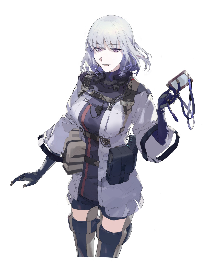 1girl absurdres arcadia25 black_shorts breasts girls'_frontline gloves highres large_breasts load_bearing_vest name_tag purple_eyes rpk-16_(girls'_frontline) short_hair shorts simple_background smile tactical_clothes
