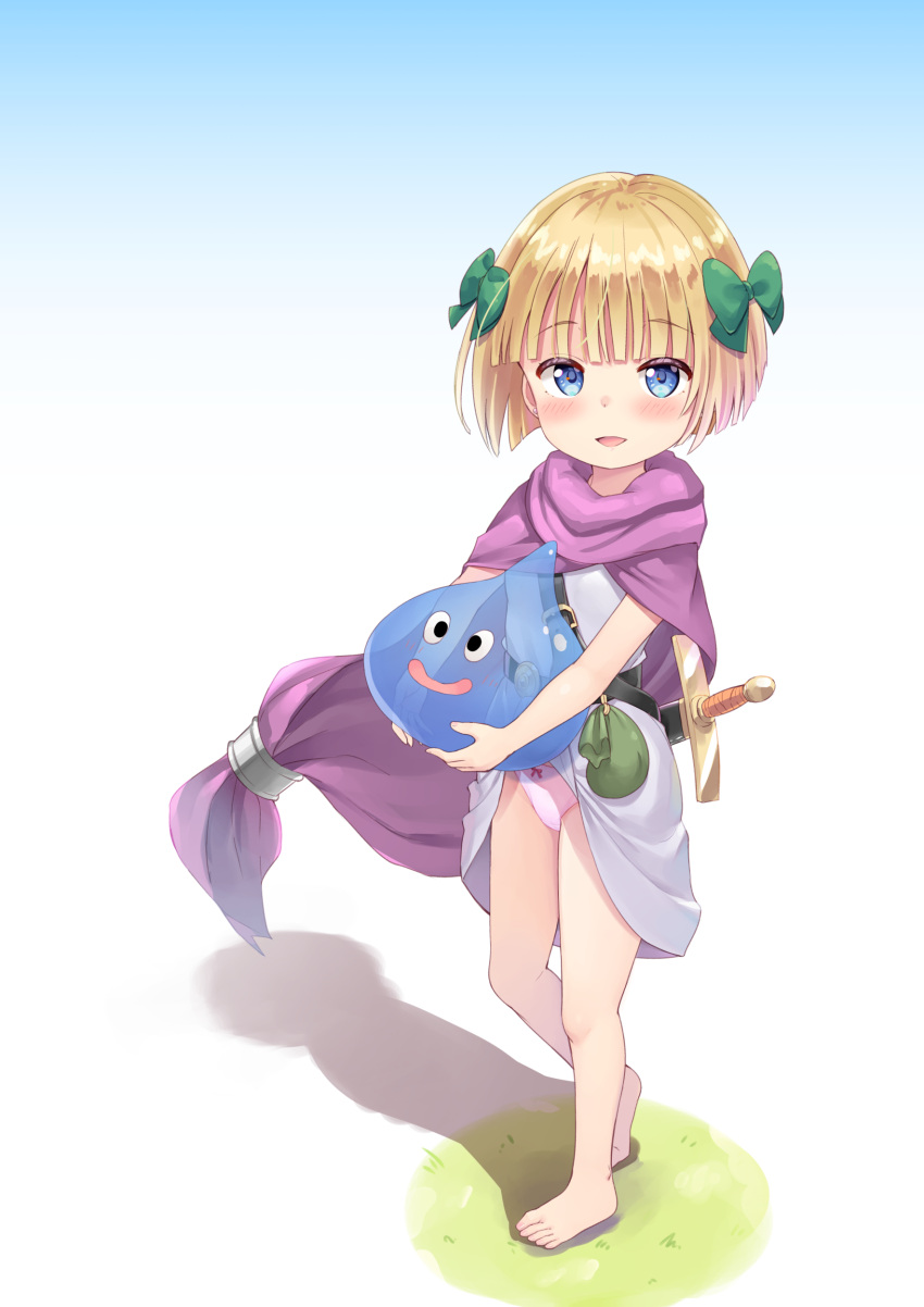 1girl 1other absurdres barefoot belt_pouch blonde_hair blue_eyes blunt_bangs blush bow bow_panties breasts cape child clothes_lift commentary_request dragon_kid_(dragon_quest) dragon_quest dress dress_lift ear_piercing female_child full_body green_bow hair_bow hero's_daughter_(dq5) highres lifted_by_self paid_reward_available panties piercing pink_panties pouch purple_cape red_bow short_hair slime_(creature) slime_(dragon_quest) small_breasts solo standing sword tenjou_ryuka toes underwear weapon white_dress
